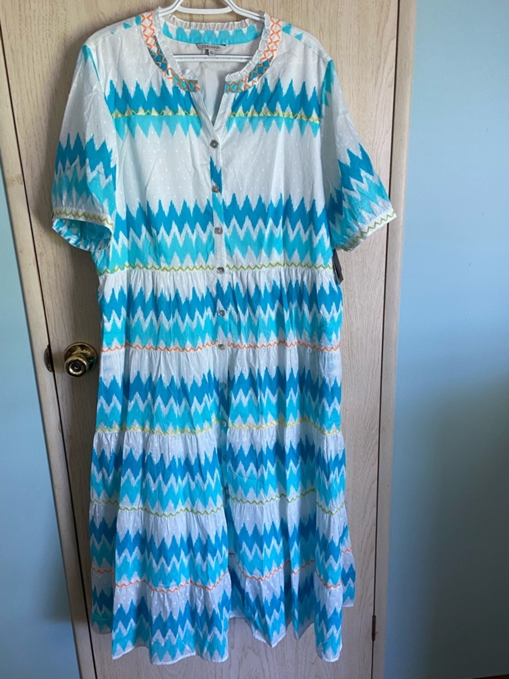 JOHN MARK Island Dreaming Chevron Stripe & Embroidered MIDI Dress Sz XL NWT
